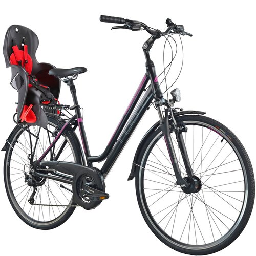 Rower trekkingowy INDIANA X-Road 3.0 D19 28 cali damski Czarno-fioletowy + Fotelik rowerowy KROSS Walaroo Czarny