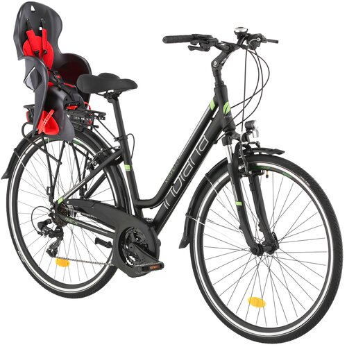 Rower trekkingowy INDIANA X-Road 1.0 D17 28 cali damski Czarno-zielony + Fotelik rowerowy KROSS Walaroo Czarny
