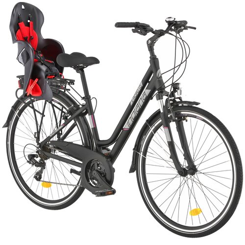 Rower trekkingowy INDIANA X-Road 1.0 D17 28 cali damski Czarno-fioletowy + Fotelik rowerowy KROSS Walaroo Czarny