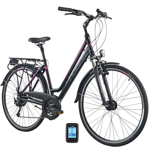 Rower trekkingowy INDIANA X-Road 3.0 D19 28 cali damski Czarno-fioletowy + Licznik rowerowy VÖGEL GPS VL7