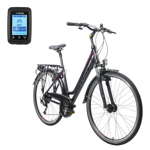 Rower trekkingowy INDIANA X-ROAD 3.0 D17 28 cali damski Czarno-fioletowy + Licznik rowerowy VÖGEL GPS VL7