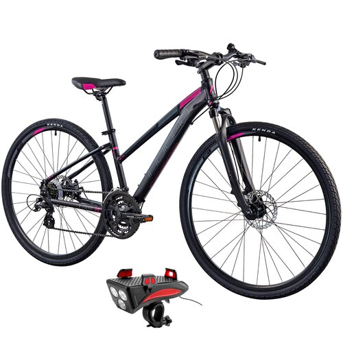 Rower crossowy INDIANA X-Cross 2.0 D19 damski Czarno-różowy + Lampka rowerowa ROCKBROS RP11BR