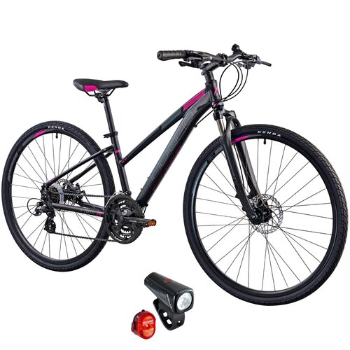 Rower crossowy INDIANA X-Cross 2.0 D15 damski Czarno-różowy + Zestaw lampek rowerowych SIGMA Buster 150 Nugget SGM19170