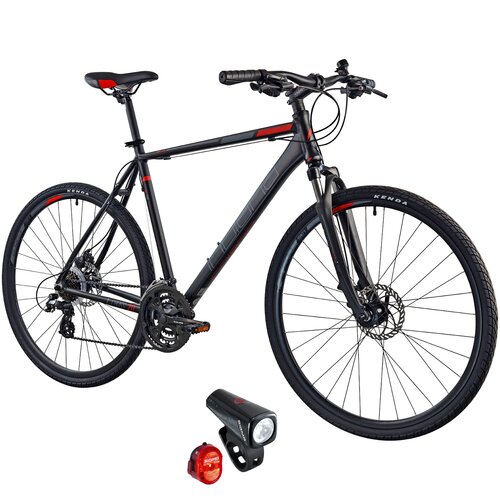 Rower crossowy INDIANA X-Cross 2.0 M23 męski Czarno-czerwony + Zestaw lampek rowerowych SIGMA Buster 150 Nugget SGM19170