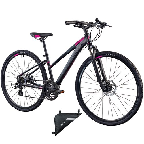 Rower crossowy INDIANA X-Cross 2.0 D19 damski Czarno-różowy + Torba rowerowa na ramę KELLYS Triangle Eco L