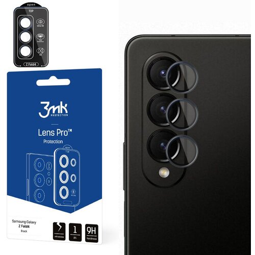 Opakowanie produktu "3mk Lens Pro Protection" z grafiką przedstawiającą nakładkę na obiektyw do Samsung Galaxy Z Fold 4 oraz zdjęcie telefonu z trzema obiektywami, na które nakładane są ochronne pierścienie. Na opakowaniu widnieje napis "Samsung Galaxy Z 