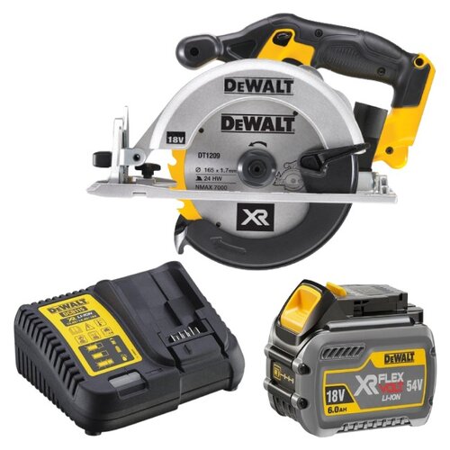 Pilarka tarczowa DEWALT DCS391N + Akumulator DEWALT DCB546-XJ 6Ah 18V + Ładowarka DEWALT DCB115-QW