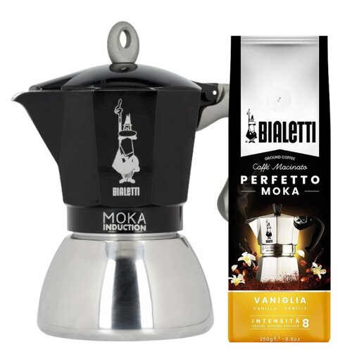 Kawiarka BIALETTI New Moka Induction 6 TZ Czarny + Kawa mielona BIALETTI Perfetto Moka Vanilia 0.25 kg