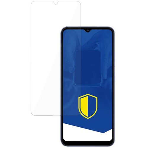 Na zdjęciu widoczny jest telefon z niebieskim ekranem, na którym znajduje się żółto-niebieska tarcza. Obok telefonu umieszczone jest przezroczyste szkło hartowane.