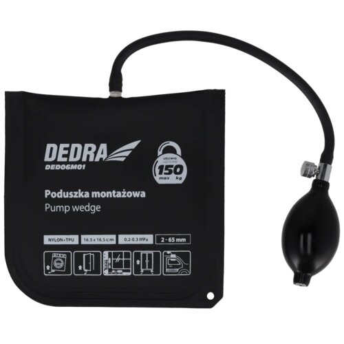 Czarna poduszka montażowa z logo "DEDRA DED06M01" oraz napisem "Poduszka montażowa Pump wedge", z maksymalnym udźwigiem 150 kg. Na poduszce znajdują się również informacje: "NYLON+TPU", "16,5 x 16,5 cm", "0,2-0,3 MPa", "2-65 mm" oraz piktogramy instruktaż