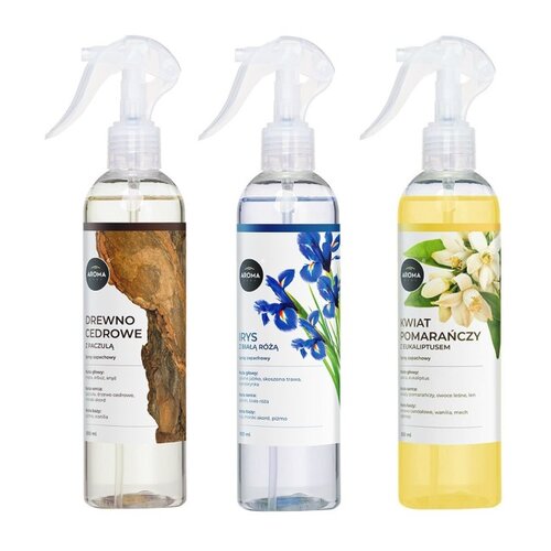 Odświeżacz powietrza AROMA HOME Drewno Cedrowe z Paczulą, Irys z Białą Różą, Kwiat Pomarańczy z Eukaliptusem 3 x 300 ml