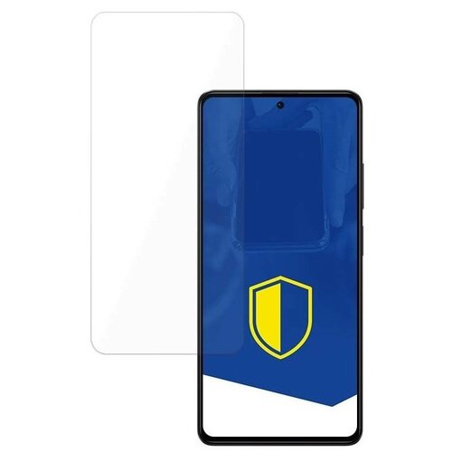 Przezroczyste szkło hartowane jest umieszczone obok smartfona z wyświetlaczem, na którym widoczna jest niebieska grafika z żółtą tarczą. Na ekranie telefonu nie ma żadnego tekstu ani logo.