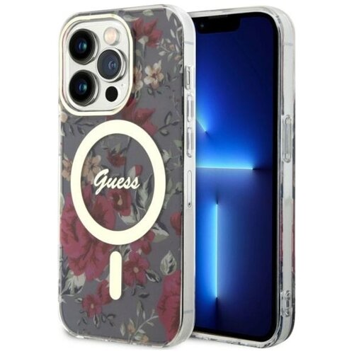 Przezroczyste etui na telefon z kwiatowym wzorem w odcieniach czerwieni i zieleni, z widocznym napisem "Guess" w białym okręgu. Obok etui znajduje się telefon z wyświetlaczem pokazującym niebieski wzór świetlny.