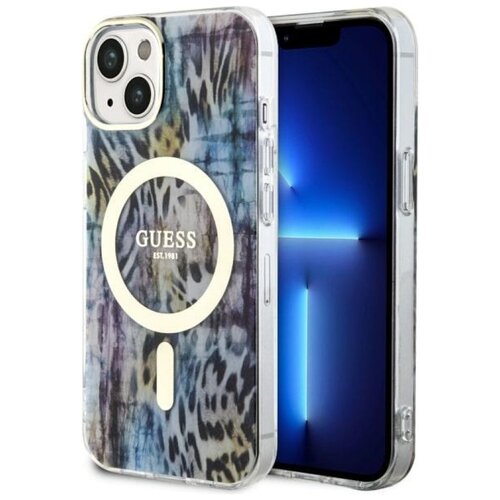 Etui GUESS Leopard MagSafe do Apple iPhone 14 Niebieski