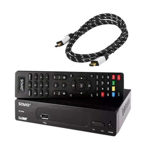 Dekoder SAVIO DT-DV02 DVB-T2/HEVC/H.265 + Kabel HDMI - HDMI GÖTZE&JENSEN GOLDEN LINE Premium CW-PH-1109-15 1.5 m