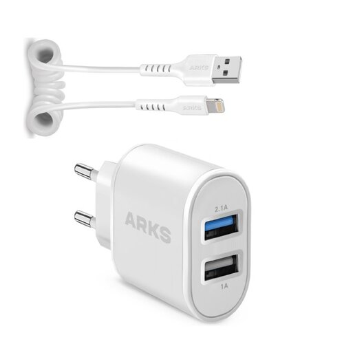 Ładowarka sieciowa ARKS ARTR2USB21AWFAST 10W Biały + Kabel USB - Lightning ARKS 0.5 m Biały