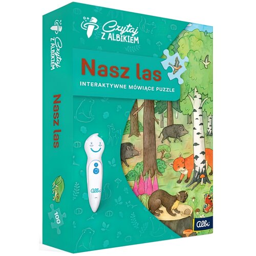 Zielone opakowanie puzzli "Czytaj z Albikiem" z napisem "Nasz las" oraz "Interaktywne mówiące puzzle" zawiera ilustrację lasu z różnymi zwierzętami. Na opakowaniu widoczny jest również biały interaktywny długopis z logo "Albi".