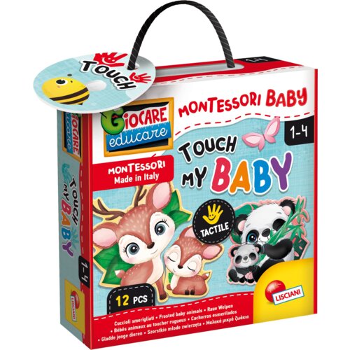 Kolorowe pudełko z grą edukacyjną "LISCIANI Montessori Baby Touch my baby" zawiera ilustracje zwierząt, takich jak jelonek i panda, oraz napisy: "Montessori Made in Italy", "Touch my BABY", "Tactile", "12 PCS". Logo "LISCIANI" znajduje się w prawym dolnym rogu.