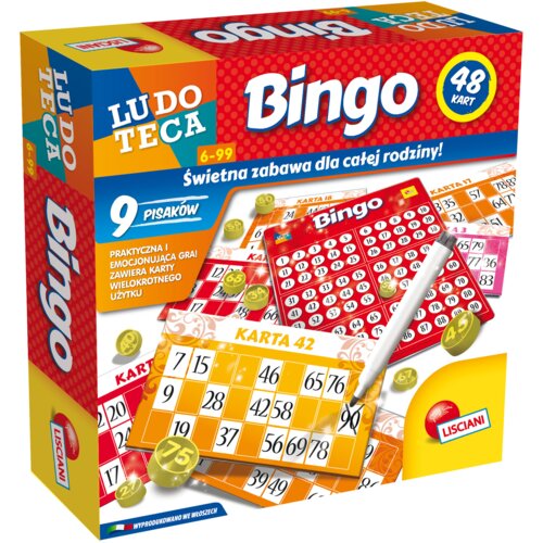 Pudełko gry logicznej "LISCIANI Ludoteca Bingo" z kolorową grafiką, zawierające napisy: "Bingo", "48 kart", "9 pisaków", "Praktyczna i emocjonująca gra! Zawiera karty wielokrotnego użytku", "Świetna zabawa dla całej rodziny!", "6-99", oraz logo "LISCIANI". Na pudełku widoczne są także karty do gry bingo, pisak i żetony, a w dolnym rogu napis "Wyprodukowano we Włoszech".
