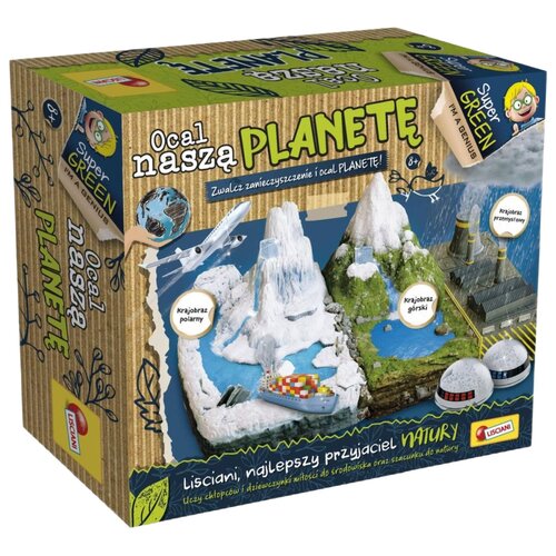 Pudełko zestawu edukacyjnego z napisem "Ocal naszą PLANETĘ" oraz ilustracjami przedstawiającymi krajobrazy polarne, górskie i przemysłowe. Na opakowaniu widnieje logo "Lisciani" oraz hasło "Lisciani, najlepszy przyjaciel NATURY".
