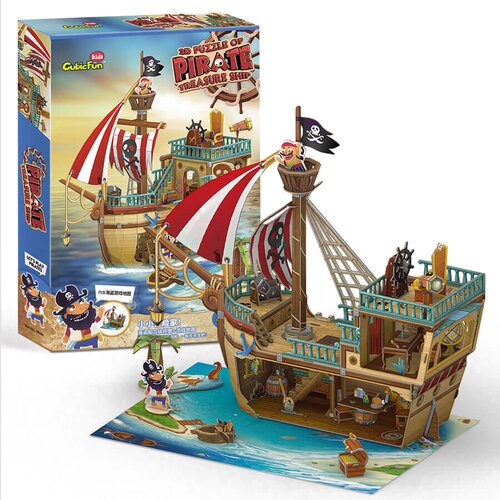 Pudełko przedstawia kolorowy model statku pirackiego z czerwono-białymi żaglami i czarną flagą z czaszką. Na opakowaniu widnieje napis "3D Puzzle of Pirate Treasure Ship" oraz logo "CubicFun".