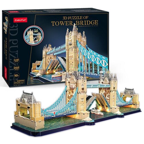 Pudełko przedstawia model 3D mostu Tower Bridge z napisem "3D PUZZLE OF TOWER BRIDGE" oraz logo "CubicFun". Na zdjęciu widoczny jest złożony model mostu z podświetleniem LED, a na opakowaniu znajdują się informacje: "LED lighting", "222 pieces", "10+" ora