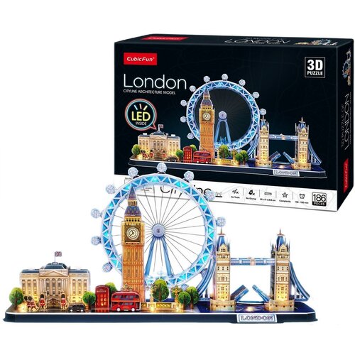 Na zdjęciu znajduje się opakowanie puzzli 3D marki CubicFun, przedstawiające model architektury Londynu z elementami LED. Widoczny jest model z charakterystycznymi budowlami, takimi jak Big Ben i London Eye, a na opakowaniu znajduje się napis "London CITY