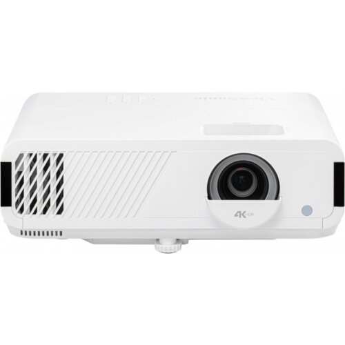 Biały projektor z widocznym obiektywem po jednej stronie oraz otworami wentylacyjnymi po drugiej stronie. Na obudowie znajduje się napis "4K HDR".
