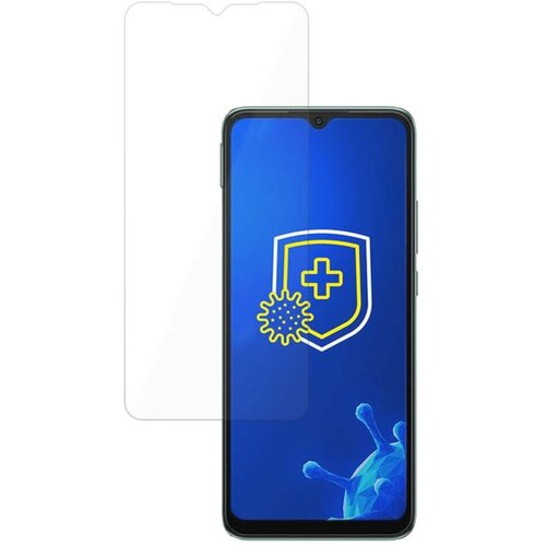 Na zdjęciu widoczny jest telefon z nałożonym szkłem hartowanym, na ekranie którego znajduje się grafika przedstawiająca tarczę z krzyżem i symbolem wirusa. Produkt to "Szkło hartowane 3MK HardGlass do Xiaomi Redmi 10C".