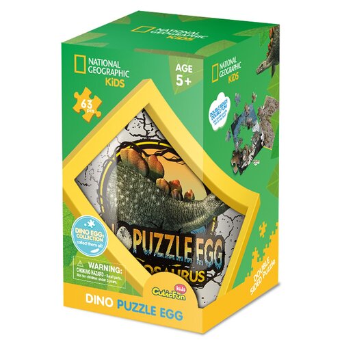 Opakowanie produktu "Puzzle 3D CUBIC FUN National Geographic Stegozaur DS1043 (63 elementy)" przedstawia kolorową grafikę stegozaura oraz informacje takie jak "National Geographic Kids", "Age 5+", "63 pcs", "Dino Puzzle Egg", a także ostrzeżenie o ryzyku 