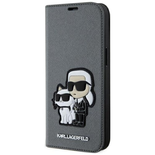 Etui KARL LAGERFELD Booktype Saffiano Karl & Choupette do Apple iPhone 14 Srebrny