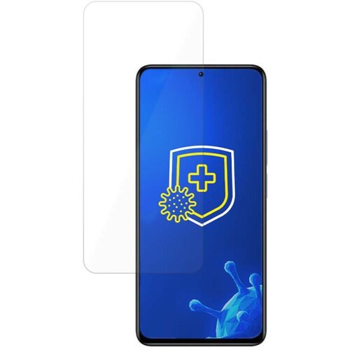 Na zdjęciu widoczne jest szkło hartowane 3MK HardGlass przeznaczone do telefonu Xiaomi Redmi Note 11 Pro 4G/5G, obok którego znajduje się telefon z niebieskim ekranem, na którym widnieje żółta tarcza z krzyżem i symbolem wirusa.