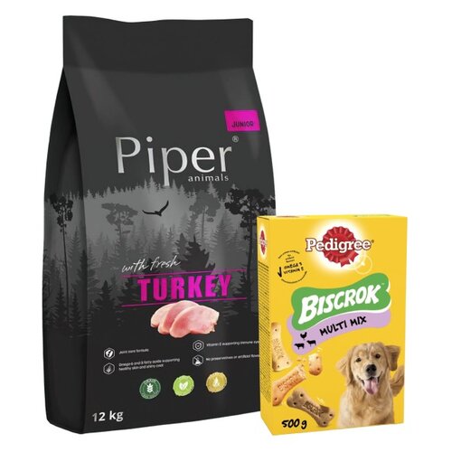 Karma dla psa PIPER Junior z indykiem 12 kg + Przysmak dla psa PEDIGREE Biscrok Multi Wołowina z jagnięciną i kurczakiem 500 g