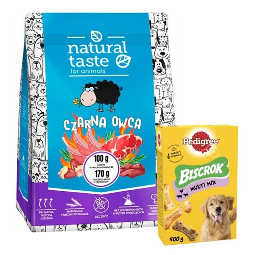 Karma dla psa NATURAL TASTE Czarna owca 5 kg + Przysmak dla psa PEDIGREE Biscrok Multi Wołowina z jagnięciną i kurczakiem 500 g