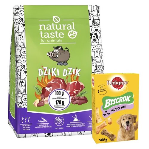 Karma dla psa NATURAL TASTE Dziki Dzik 5 kg + Przysmak dla psa PEDIGREE Biscrok Multi Wołowina z jagnięciną i kurczakiem 500 g