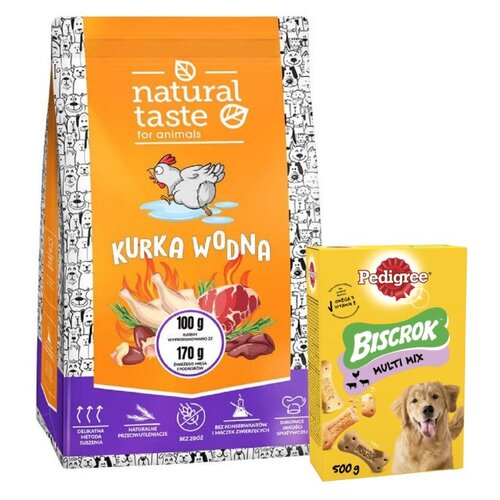 Karma dla psa NATURAL TASTE Kurka Wodna 5 kg + Przysmak dla psa PEDIGREE Biscrok Multi Wołowina z jagnięciną i kurczakiem 500 g