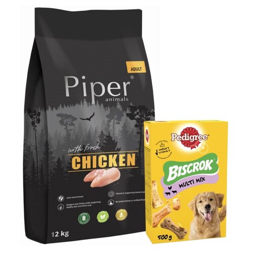 Karma dla psa PIPER Animals z kurczakiem 12 kg + Przysmak dla psa PEDIGREE Biscrok Multi Wołowina z jagnięciną i kurczakiem 500 g