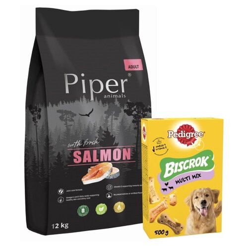 Karma dla psa PIPER Animals z łososiem 12 kg + Przysmak dla psa PEDIGREE Biscrok Multi Wołowina z jagnięciną i kurczakiem 500 g
