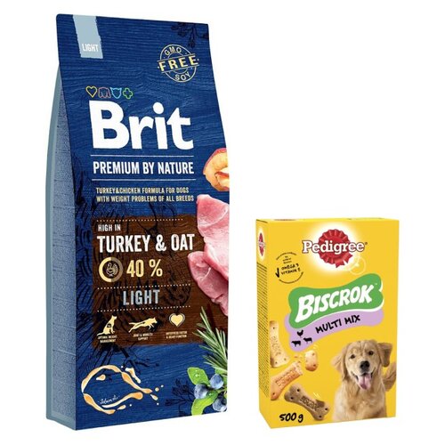 Karma dla psa BRIT Premium By Nature Light Indyk z owsem 15 kg + Przysmak dla psa PEDIGREE Biscrok Multi Wołowina z jagnięciną i kurczakiem 500 g