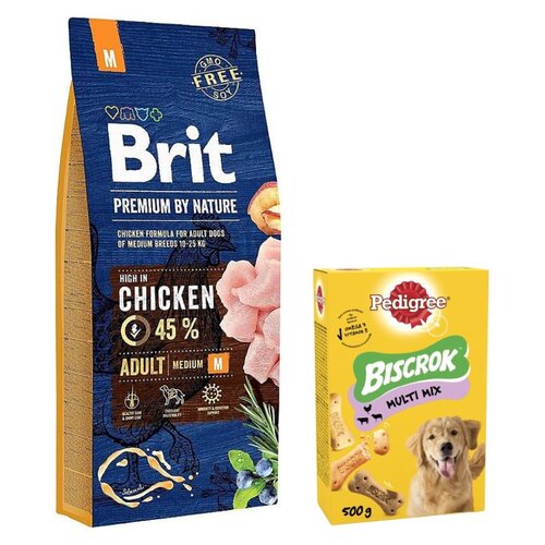 Karma dla psa BRIT Premium By Nature Kurczak 15 kg + Przysmak dla psa PEDIGREE Biscrok Multi Wołowina z jagnięciną i kurczakiem 500 g