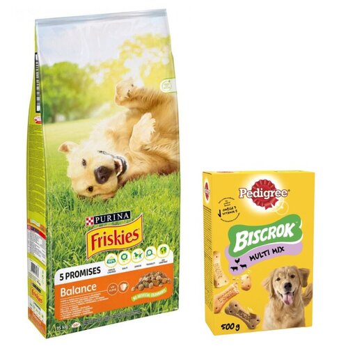 Karma dla psa FRISKIES Balance Kurczakiem z warzywami 15 kg + Przysmak dla psa PEDIGREE Biscrok Multi Wołowina z jagnięciną i kurczakiem 500 g