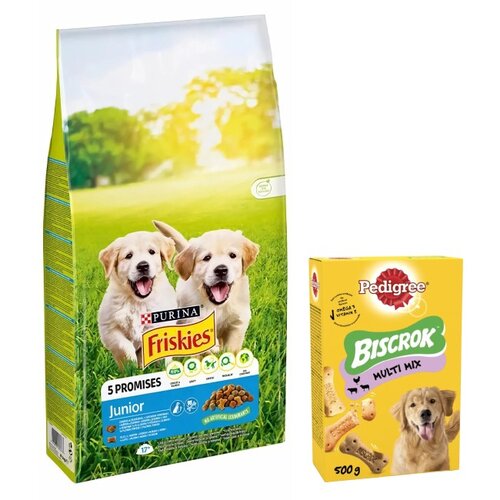 Karma dla psa FRISKIES Junior Vitafit Kurczak z warzywami 15 kg + Przysmak dla psa PEDIGREE Biscrok Multi Wołowina z jagnięciną i kurczakiem 500 g