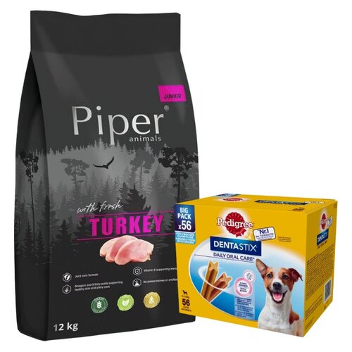 Karma dla psa PIPER Junior z indykiem 12 kg + Przysmak dla psa PEDIGREE Dentastix Daily Oral Care (8 x 110 g)