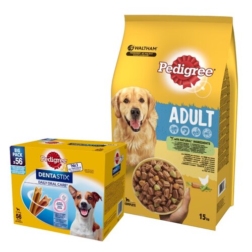 Karma dla psa PEDIGREE Adult Kurczak 15 kg + Przysmak dla psa PEDIGREE Dentastix Daily Oral Care (8 x 110 g)