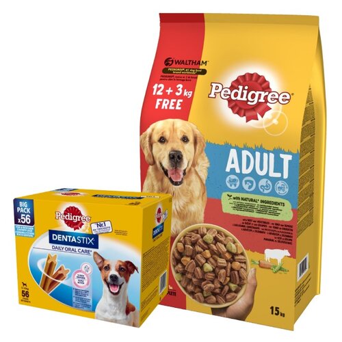 Karma dla psa PEDIGREE Wołowina 15 kg + Przysmak dla psa PEDIGREE Dentastix Daily Oral Care (8 x 110 g)