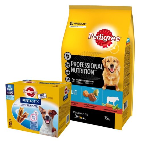 Karma dla psa PEDIGREE Professional Nutrition Adult Wołowina 15 kg + Przysmak dla psa PEDIGREE Dentastix Daily Oral Care (8 x 110 g)