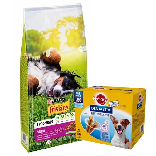 Karma dla psa FRISKIES Maxi Wołowina z warzywami 10 kg + Przysmak dla psa PEDIGREE Dentastix Daily Oral Care (8 x 110 g)