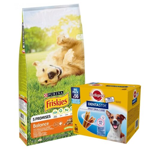 Karma dla psa FRISKIES Balance Kurczakiem z warzywami 15 kg + Przysmak dla psa PEDIGREE Dentastix Daily Oral Care (8 x 110 g)