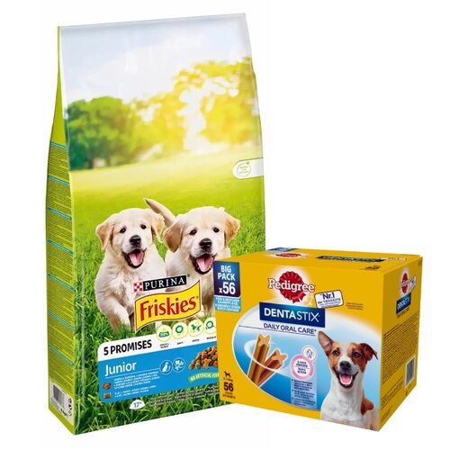 Karma dla psa FRISKIES Junior Vitafit Kurczak z warzywami 15 kg + Przysmak dla psa PEDIGREE Dentastix Daily Oral Care (8 x 110 g)