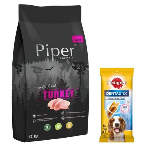 Karma dla psa PIPER Junior z indykiem 12 kg + Przysmak dla psa PEDIGREE Dentastix Medium 180 g